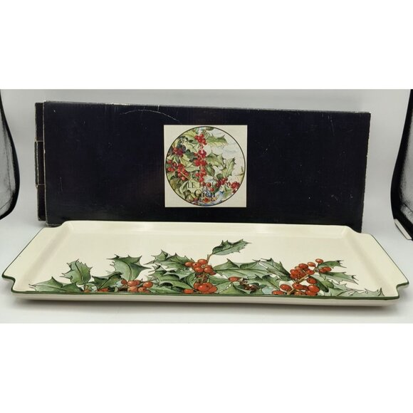 Le Houx Gien France Ceramic Sandwich Tray Holly Berry Design 15" X 6" Ivory & Gr - Picture 6 of 7